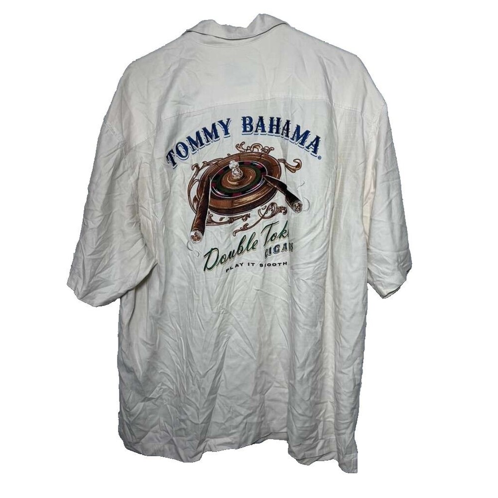 Tommy Bahama Silk Button Down Shirt Men's XLX/TGT Cream Casino Cigar Embroidered